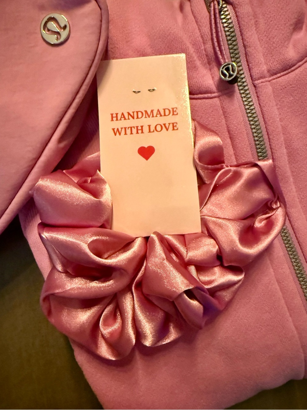 Dahlia Mauve satin hair scrunchie.  Not Lululemon but made to match perfectly!